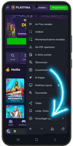 Menüeintrag zum Hinzufügen von Playfina Casino auf dem Android-Startbildschirm