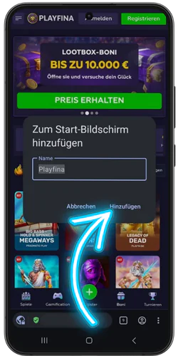 Icon von Playfina Casino benennen und auf Android bestätigen
