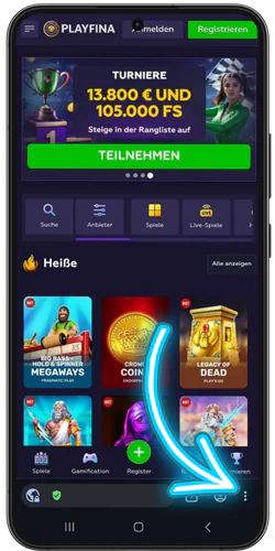 Browser-Menü über die drei Punkte bei Playfina Casino auf Android öffnen