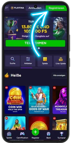 Registrieren-Button im oberen Bereich von Playfine Casino