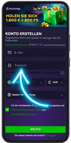 Erster Registrierungsschritt im Playfine Casino